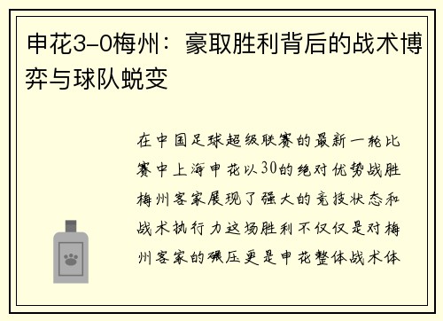 申花3-0梅州：豪取胜利背后的战术博弈与球队蜕变