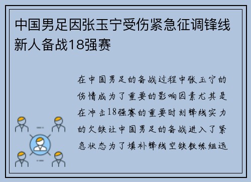 中国男足因张玉宁受伤紧急征调锋线新人备战18强赛 中国男足因张玉宁受伤紧急征调锋线新人备战18强赛