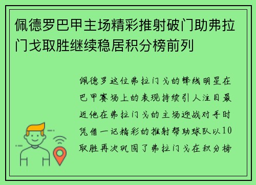 佩德罗巴甲主场精彩推射破门助弗拉门戈取胜继续稳居积分榜前列 佩德罗巴甲主场精彩推射破门助弗拉门戈取胜继续稳居积分榜前列