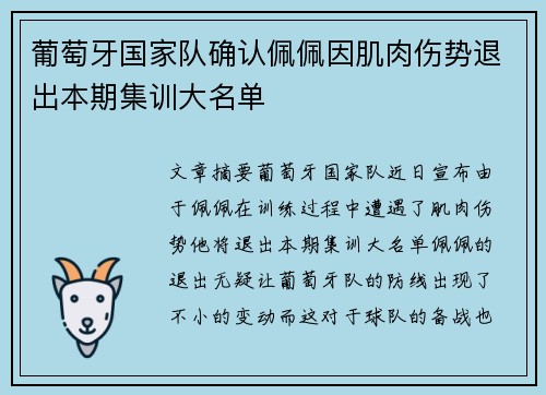 葡萄牙国家队确认佩佩因肌肉伤势退出本期集训大名单 葡萄牙国家队确认佩佩因肌肉伤势退出本期集训大名单